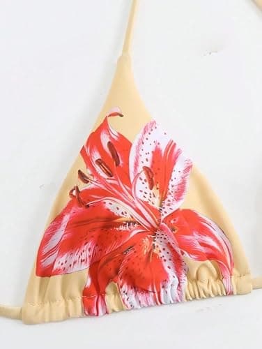 ZAFUL Womens 3pcs Swimsuit Floral Halter Triangle Bikini Top Tie Side Bottom with Long Sheer Cover Up Skirt thumbnail 2