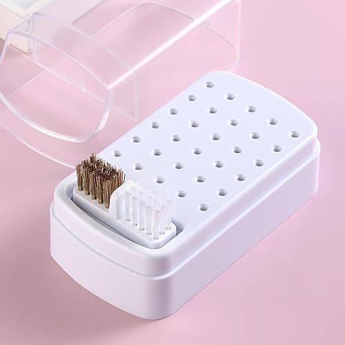 FSpronail Nail Bit Holder & Nail Drill Bit Cleaner 2 in 1, 30 Holes Nail Drill Holder Organizer Nail Bit Brush Cleaner Drill Bit Holder for Nails Dustproof Stand Displayer Storage Box Tools-White thumbnail 5