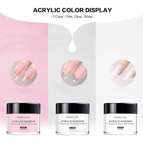Morovan Acrylic Nail Kit: Clear Pink White Powder and Professional Liquid Set for Nail Extension - DIY at Home With Brush for Beginners | Clear, Pink, White, Powder, Nail Extension, DIY at Home, With Brush thumbnail 6