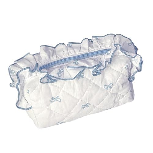Aikeis Cute Tie Makeup Bag Cotton Quilted Plaid Lining Zipper Women Girls Kawaii Travel Cosmetic Bag (Light Blue), lightblue, Lace bow - Image 1