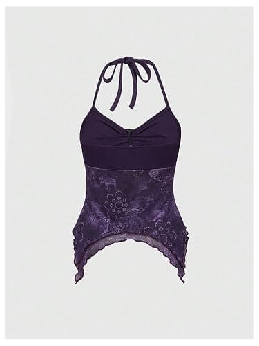 Verdusa Women's Y2k Halter Top Mesh Asymmetrical Going Out Whimsical Shirts | Halter Top, Fairy, 2000s Clothes, , Button, Asymmetrical Top, Goth Top, Country Concert Outfits thumbnail 2