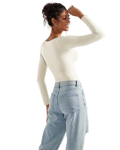 SUUKSESS Women Double Lined Fitted Basic T Shirts Scoop Neck Long Sleeve Crop Top thumbnail 3
