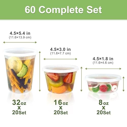 Dipoo 60 Sets (120-Piece) Deli Containers with Lids, 32/16/8 oz X 20 Set Each, Leak-Proof & BPA Free Airtight Takeout Plastic Food Storage Containers for Soup, Freezer/Microwave/Dishwasher Safe thumbnail 3
