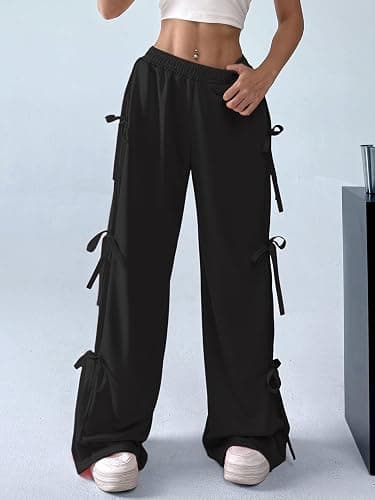 Verdusa Women's Baggy Sweatpants Elastic Waist Casual Bow Wide Leg Pants with Pocket Y2K Going Out Travel Pants thumbnail 4