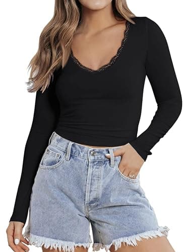 PINKMSTYLE Women Sexy V Neck Lace Long Sleeve Shirts Basic Fitted Double Lined Going Out Y2K Trendy Fall Tops thumbnail 5