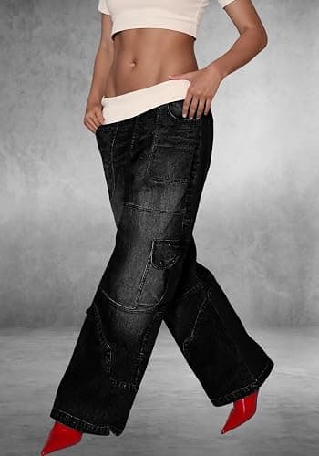 Unybwonn Women Baggy Cargo Jeans High Waist Patchwork Trendy Vintage Denim Pants Wide Leg Distressed Jeans with Pockets thumbnail 5