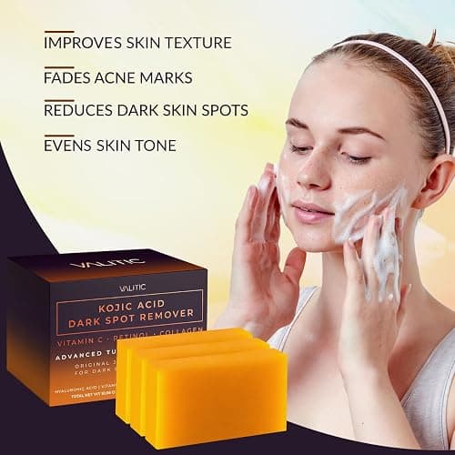 VALITIC Kojic Acid Dark Spot Remover Soap Bars with Vitamin C, Retinol, Collagen, Turmeric - Original Japanese Complex Infused with Hyaluronic Acid, Vitamin E, Shea Butter, Castile Olive Oil (3 Pack) thumbnail 4