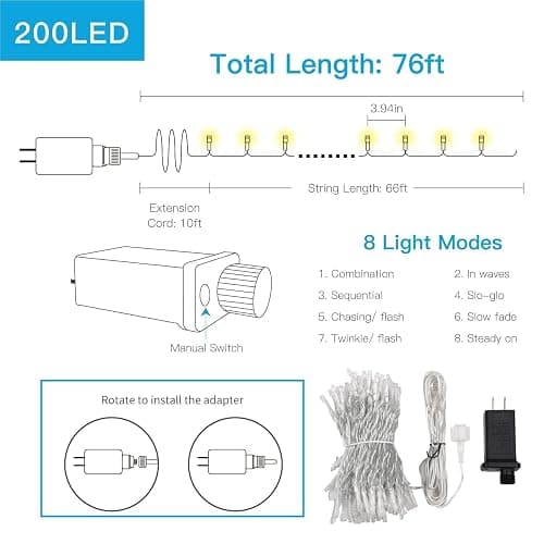 suddus Christmas Lights Outdoor, 66 ft 200 LED Plug in Warm White Fairy String Lights with Remote, Twinkle Lights for Bedroom, Indoor, Tree, Dorm, Wedding, Outside, Backyard Decorations thumbnail 8