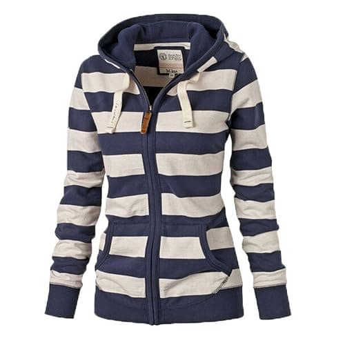 LOOLY Women Plain Zipper Spring Hoodie Striped Hooded Jacket - Image 1