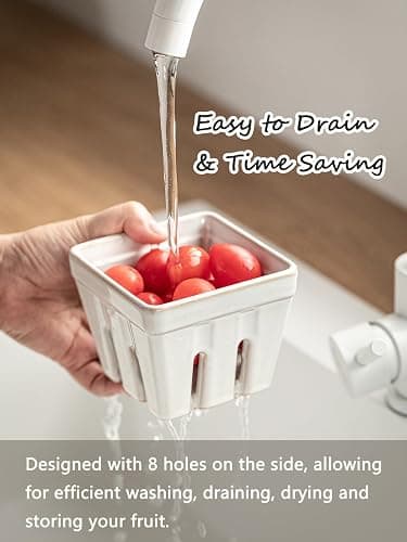 Gomakren Ceramic Berry Basket Set of 2, Square Fruit Bowl with Holes, Small Fruit Basket Containers for Kitchen Counter, Berries, Strawberry, Grape, Cherry, White thumbnail 4