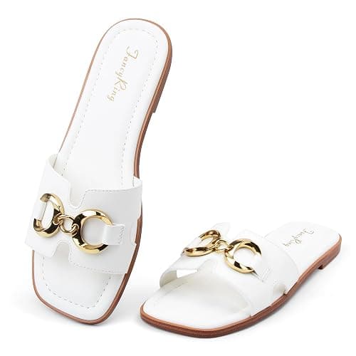FancyRing Women's Flat Sandals Metal Chain Slip On Dressy Slide Sandals Square Toe Summer Casual Beach Vacation H-Band Sandals - Image 1