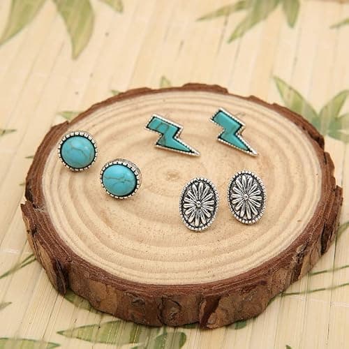 Western Earrings for Women Natural Turquoise Earrings Western Jewelry Lightning Bolt Stud Earrings Set 80s 90s Accessories - Turquoise set thumbnail 2