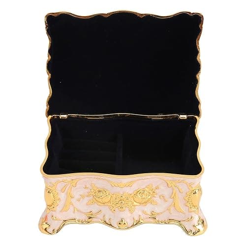 Vintage Metal Jewelry Box Small Trinket Jewelry Storage Box, Vintage Rectangle Trinket Jewelry Box Treasure Chest Box Jewelry Decorative Box Women Girls (Gold White) thumbnail 8