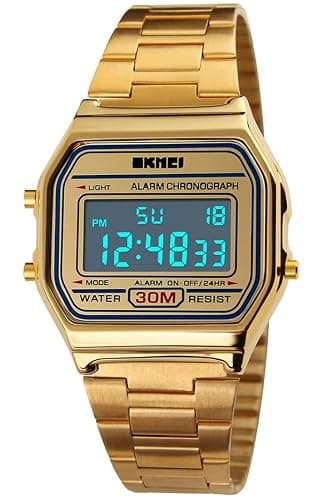 PASOY Men's Digital Gold Stainless Steel Watch Backlit Multifunction Stopwatch Waterproof Sport Watches thumbnail 2