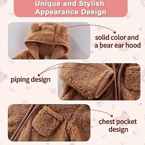 AiWMGL Newborn Baby Bear Outfit With Fold-Over Mittens and Footies Girls Boys Winter Fleece Clothes Hooded Romper Snowsuit thumbnail 5