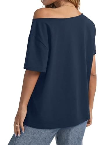 EasyGala Womens Cotton Off The Shoulder Tops Oversized Short Sleeve T-Shirts Casual Summer Tees Trendy Clothes 2025 thumbnail 5