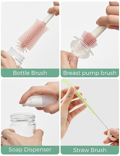 Momcozy 7-in-1 Baby Bottle Cleaner Kit with Silicone, Nipple & Straw Brushes, Soap Dispenser and Drying Rack - Portable Cleaning Tool for Home and Travel, Pink thumbnail 4