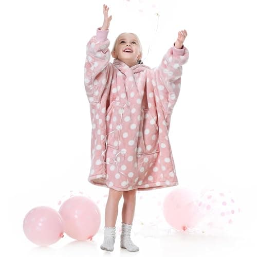 Aemicion Pink Polka Dot Wearable Blanket Hoodie for Girls 6-12, Kids Oversized Hooded Blanket with Sleeves, Soft Fleece & Sherpa Lounge Wear, Cute Birthday Christmas Gifts for Girls thumbnail 8