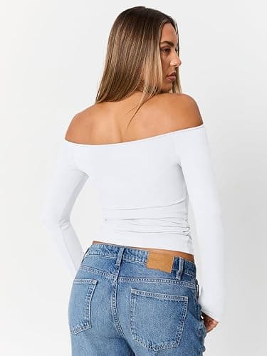 Trendy Queen Womens Long Sleeve Off The Shoulder Tops Going Out Cute Basic Y2K Fall Fashion 2025 Outfits Clothes thumbnail 4