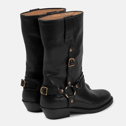 Elbslutt Mid Calf Boots For Women Chunky Low Heel Riding Booties Motorcycle Biker Round Toe Wide Calf Fashion Buckle Western Booties Trendy Stylish Shoes Boots thumbnail 3