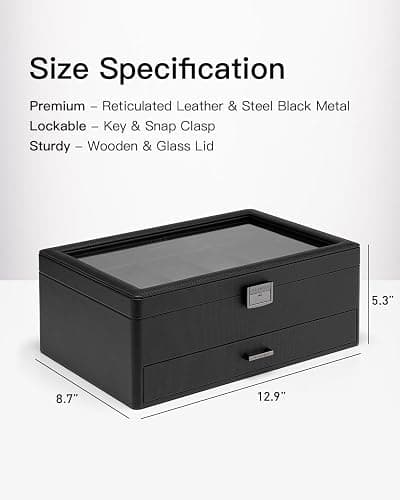Vlando Watch Box 10 Slots, Lockable Watch Case with Textured Leather, 2 Layer Watch Holder for Rings, Glasses, Mens Jewelry Box with Glass Lid, Removable Divider, Gifts for Father, Husband, Black thumbnail 2