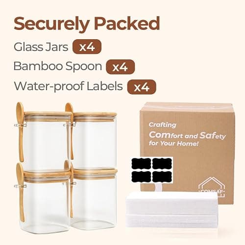 ComSaf 0.8 Qt Glass Jars with Bamboo Lids & Spoons Set of 4, Square Glass Containers with Lids, Sugar Coffee Containers Salt Spice Jars, Pantry Storage Container for Loose Tea, Candy, Brown Sugar, Nut thumbnail 8