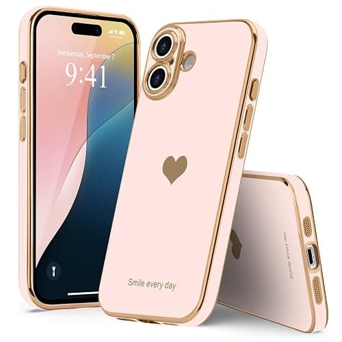 Teageo for iPhone 16 Case with Screen Protector [2 Pack], Light Pink | Girl Women Cute Girly Love-Heart Luxury Gold Soft Cover Camera Protection Shockproof Phone Case for iPhone 16 thumbnail 6