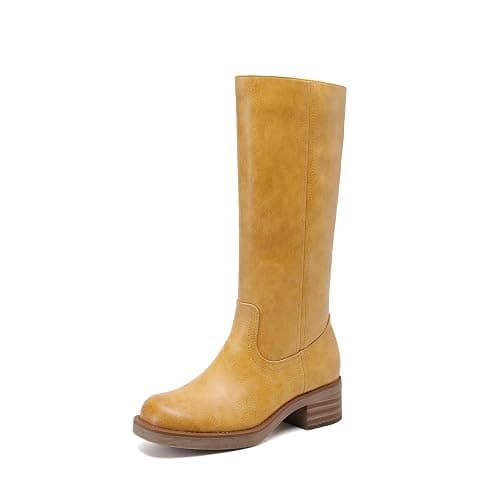 DREAM PAIRS Women's Square Toe Platform Chunky Block Heel Knee High Riding Boots | Square Round Toe,Riding Tall Boots,Side Zipper,Chunky Block Heel,Banana Yellow Brown Color,Summer Fall Fashion Daily Boots - Image 1
