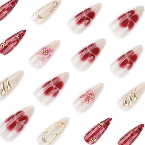 Flower Press on Nails Medium Almond Fake Nails with Gold Embossed Design Full Cover Stick on Nail Pink Floral False Nails Glossy Acrylic Nails for Women Nail Manicure Decoration 24 Pcs thumbnail 3