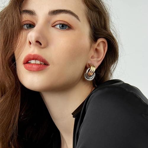 QJLE Two Tone Drop Dangle Earrings - Gold Silver Plated Hoop Huggie Earrings for Women - Trendy Jewelry thumbnail 2