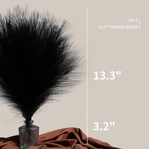 ZIFTY 6-Pcs 17" Black Pampas Grass Faux Pompas Fluffy Artificial Fake Flower Gothic Decorations for Black Bathroom Decor Vase Filler Ins Style Modern Home Decor Halloween (Black) thumbnail 3