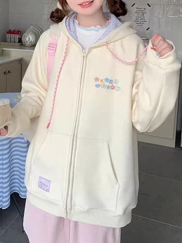 CEINOM Women Kawaii Zip Up Hoodie Y2K Girly Cute Hooded Jacket Oversize Japanese Harajuku Sweet Embroidery Outerwear Hoodies thumbnail 3
