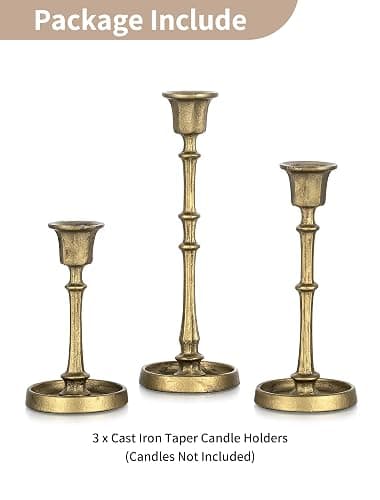 NUPTIO Cast Iron Taper Candle Holders, Set of 3 Antique Brass Candlesticks | Heavy Construction, Vintage Texture, Stable Candle Base, Fireplace Mantel, Table Decor thumbnail 5