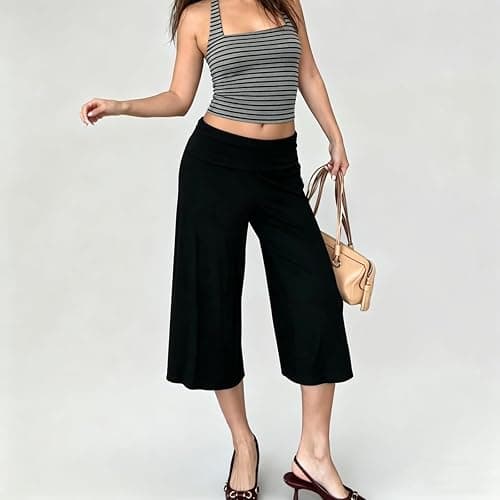 Qmlyev Fold Over Capri Pants for Women Low Rise Wide Leg Yoga Capris Summer Cute Going Out Flowy Gaucho Pants Streetwear thumbnail 2