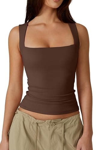QINSEN Women's Square Neck Sleeveless Double-Layer Tank Tops Basic Tight T Shirts - Image 1
