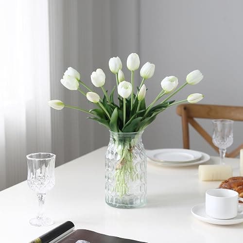 LINSIE 15 Pcs White Artificial Flowers Tulips Real Touch Latex Plastic Soft Faux Bouquets for Party, Wedding, Home, Room, Garden Decor thumbnail 2