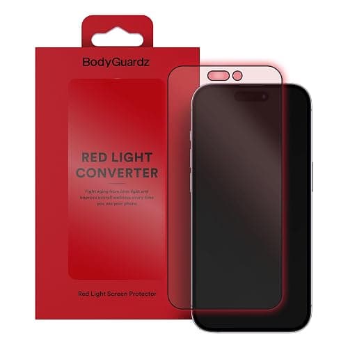 BodyGuardz Red Light Converter Screen Protector – Passive Red Light Therapy for Face - Promotes Better Sleep, Healthier Skin, Reduced Eye Strain – 9H Tempered Glass, Easy Install (iPhone 15 Pro Max) - Image 1