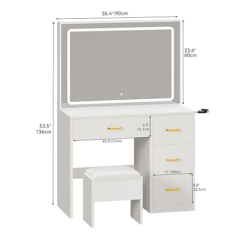 YITAHOME Vanity Desk Set with Large 35" LED Mirror and Lights, Makeup Table with 4 Drawers & Stool, 2 AC Outlets and 2 USB Ports, Adjustable Lighting, Modern Ample Storage Dressing Table, White - Cream White - LED Strip thumbnail 2