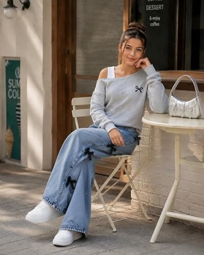 Kxuryueo Tween Girl Outfit One Shoulder Sweatshirt and Wide Leg Jeans Set with Bow & Pockets Size 9-14 thumbnail 6