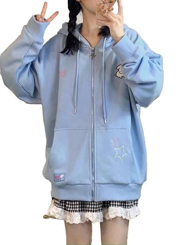 Manniduole Women Kawaii Oversized Zip Up Hoodie Cute Cartoon Embroidery Casual Pullover Sweatshirt Harajuku Casual Streetwear - Image 1