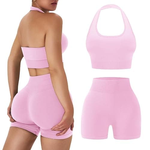 OLCHEE Workout Sets for Women 2 Piece Backless Halter Sports Bra High Waist Booty Shorts Yoga Gym Outfits Lounge Activewear thumbnail 2