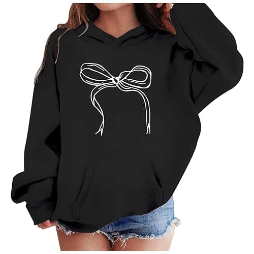 Kids Girls Hoodie Long Sleeve T Shirt Sweatshirt Warm School Jumper Teen Girls Bow Knot Print Fleece Hooded Pullover Top Casual Activewear with Pockets Fall Winter Clothes Age 3-14 Years - Image 1