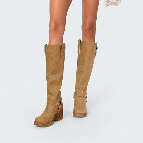 Dsevht Leather Knee High Chunky Platform Heeled Long Boots for Women: Round Toe GoGo Riding Motocycle Boots thumbnail 2