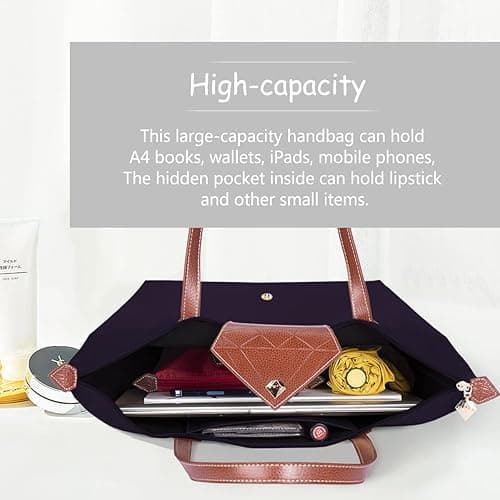 BOJLY Tote Bags for Women Stylish Waterproof Nylon Ladies Shoulder Bag Top Handle Handbag Folding Beach Travel Bag for Work,Shopping, School - Deep Purple - S thumbnail 4