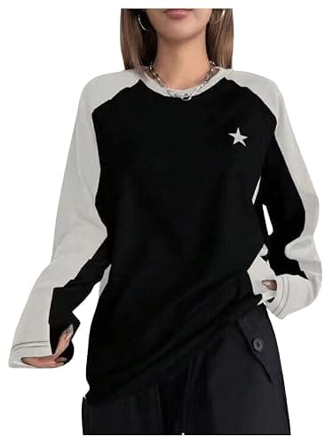 SHENHE Women's Color Block Crew Neck Star Graphic Raglan Shirt Loose Long Sleeve Tee Top - Large - White and Black - Image 1