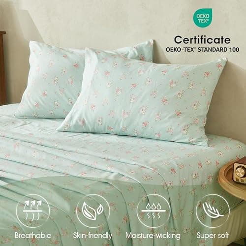 HYPREST Mint Floral Sheets Queen Size, Deep Pocket Sheets Soft Breathable Farmhouse 4pcs Bed Sheet Sets thumbnail 2