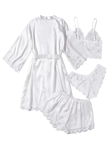 WDIRARA Women' Silk Satin Pajamas Set 4pcs Lingerie Floral Lace Cami Sleepwear with Robe thumbnail 2