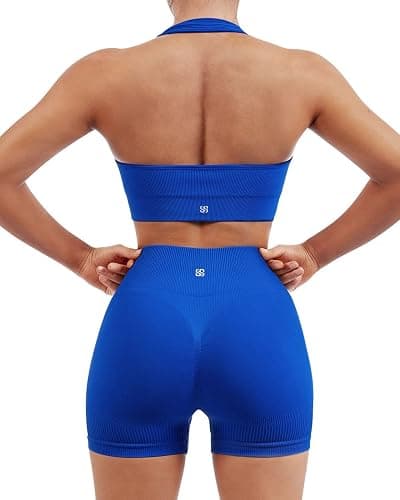 SUUKSESS Women Seamless Ribbed Workout Set Backless Sports Bra Booty Biker Short - Image 1