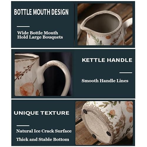 XIUWOUG Vintage Flower Vase Rustic Vases for Home Decor, Distressed Floral Vases with Handle, Ice Crack Pitcher Vase Scroll Tuscan Planter Gardening Decoration,C2 thumbnail 8