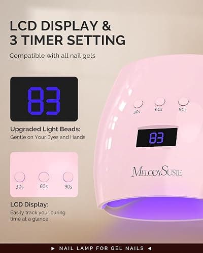 MelodySusie Detachable Base UV/LED Nail Lamp P-Plus30I for Hard Gel | 54W, 3 Timer Settings, Smart Sensor, LCD Display, 30 UV/LED Beads, Rhinestone Glue, Solid Nail Glue Gel, Liner Gel, Pink thumbnail 2